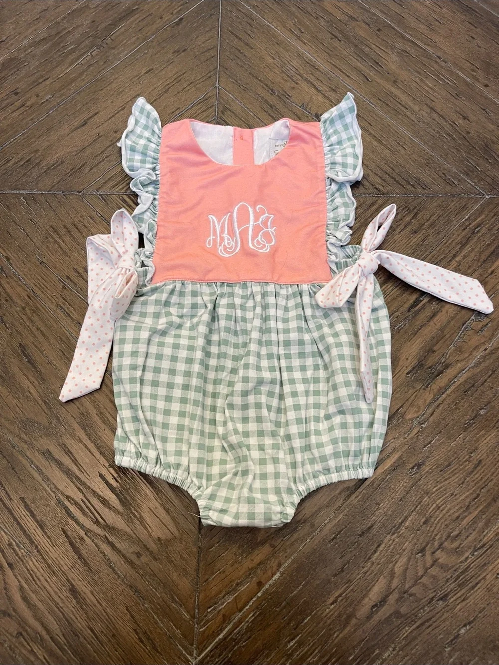Sew Magnolia Monogrammed MAJ Peach and Sage Gingham Baby Bubble Romper